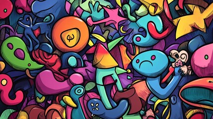 Obraz premium Colorful Abstract Art with Playful Shapes and Whimsical Characters in Bold Colors
