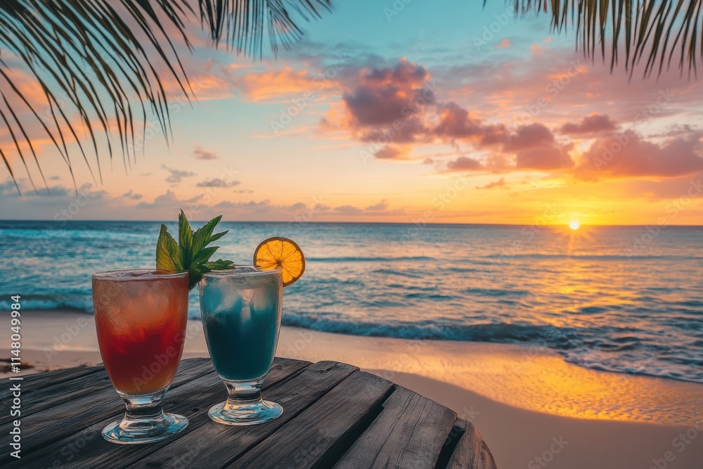 Poster tropical beach sunset with colorful cocktails creating a serene atmosphere on the shore. generative 