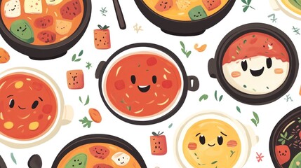 Overhead view of various bowls of colorful, cartoonish soups.