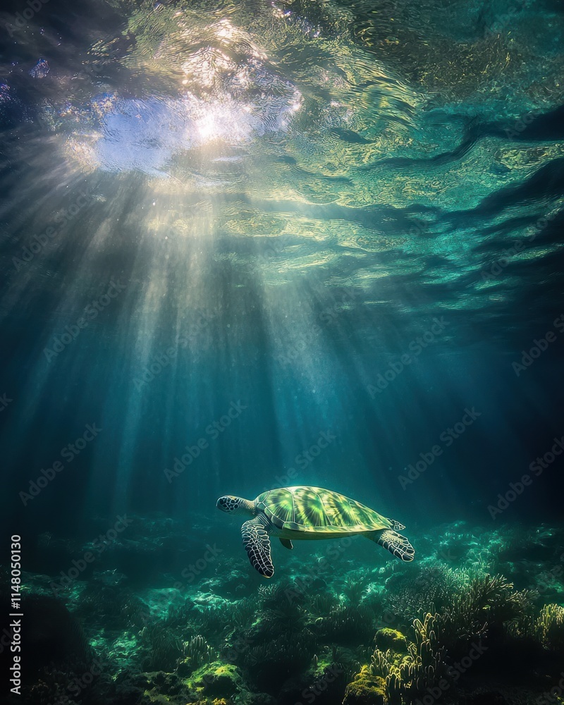 Poster sea turtle swims in ocean, light rays filter through surface.