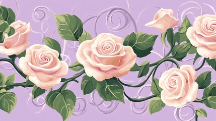 Elegant Pink Roses with Green Leaves on a Soft Purple Background Design