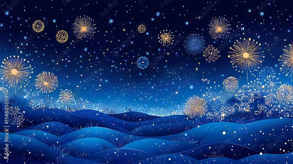 Wall mural Night landscape with fireworks exploding over rolling hills and sparkling stars.