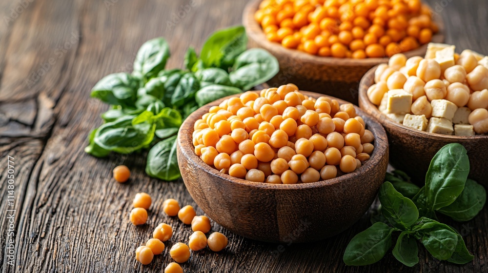 Poster plant-based protein sources such as lentils chickpeas and tofu arranged on a clean table promoting s
