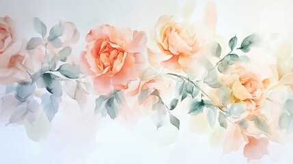 Fototapeta premium Soft Pastel Roses with Gentle Green Leaves on Light Background for Home Decor