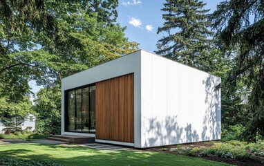 A minimalist cube-shaped house with a white exterior and a wooden privacy screen, set on a lush green lot