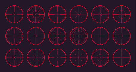 Various sniper rifle sights with degree scale, weapon optical scope crosshair. Hunting gun viewfinder. Shooting mark symbol, aim. Military target sign. Game interface UI element. Vector illustration