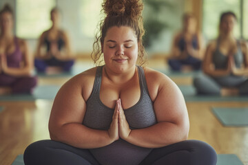 Plus-size woman practicing yoga and meditating in a class with other students