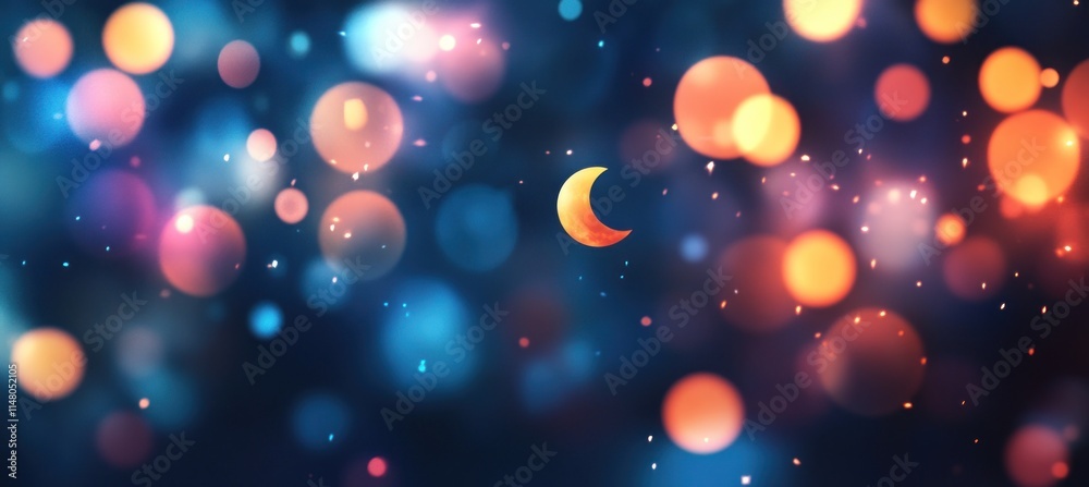 Poster Bokeh lights with crescent moon.