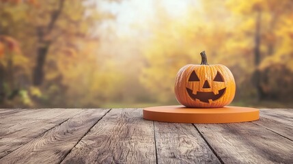 Spooky Halloween Pumpkin on Autumnal Wooden Podium