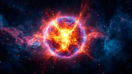 Fiery cosmic explosion, nebula, energy sphere.
