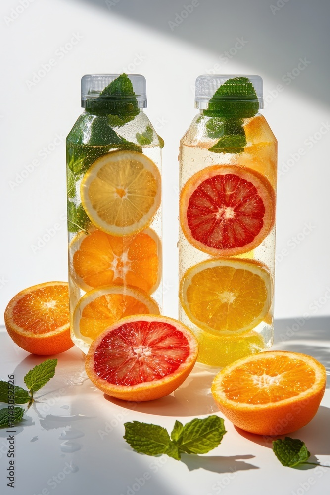 Poster two bottles of fruit infused water with sliced oranges and grapefruit.