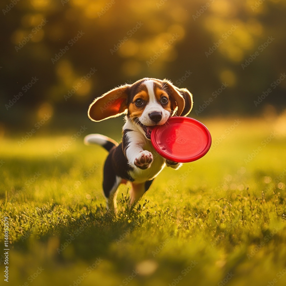 Poster beagle puppy running with red frisbee on a grassy field at sunset.