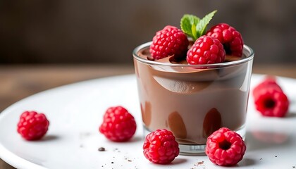 Chocolate Mousse Dessert Topped With Raspberries And Mint