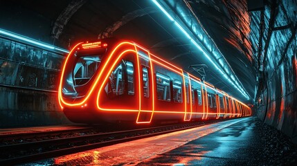 Neon Lit Train Traveling Through Urban Tunnel