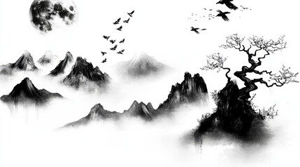 Obraz premium Black and white landscape with mountains, trees, clouds, and birds.