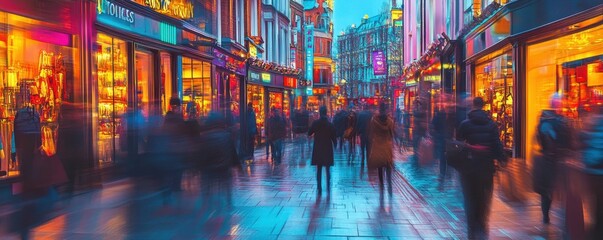 Fototapeta premium Motion blurred view of busy shopping street in London with pedestrians and vibrant storefronts