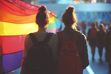 Two students with backpacks walking near rainbow flag at pride parade, showing support for lgbt community