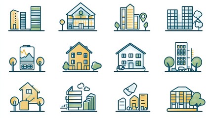 Collection of diverse building and house icons, showcasing various architectural styles and sizes.