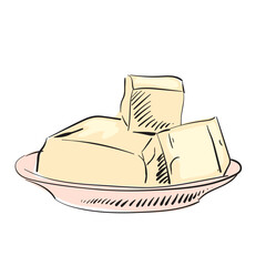 Pieces of butter in a plate. Farm organic product. Milk and dairy product. Engraving style. Hand drawn vector isolated illustration. For rustic natural product design.