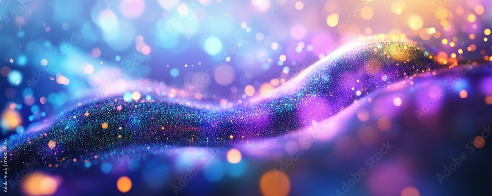 Poster abstract colorful wave pattern, digital art with glowing dots and light particles, creating a sense 