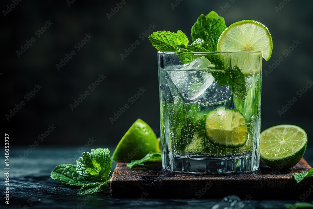Poster refreshing mojito drink with lime and mint, dark table.