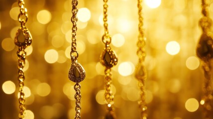A close-up of golden chains with shimmering bokeh, evoking luxury and elegance.
