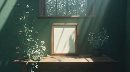 Serene Indoor Scene with Empty Frame Surrounded by Lush Greenery and Soft Natural Light Streaming Through Window