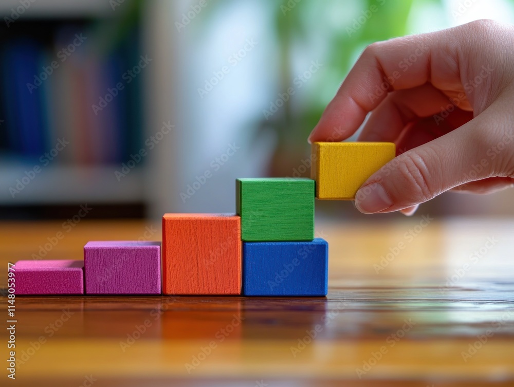 Poster hand placing a yellow wooden block atop a colorful ascending staircase of blocks on a wooden table.