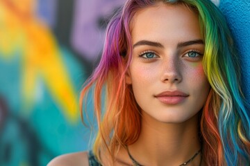 Naklejka premium Portrait of a fashionable young woman showcasing vibrant rainbow-colored hair against a graffiti wall