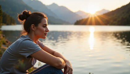 Fototapeta premium Woman sitting by a serene mountain lake at sunset reflecting on life 