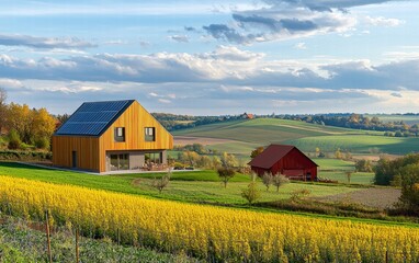 Obraz premium A minimalist modern house with solar panels, set in a picturesque farm landscape with rolling fields and a red barn nearby