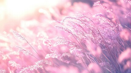 Dreamy Soft Focus Scene of Blades of Grass Bathed in Ethereal Light with a Gentle Pink Hue Creating a Serene and Peaceful Atmosphere in Nature