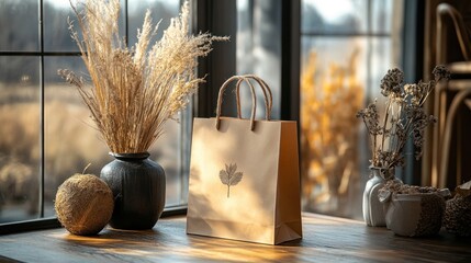 Sunlit Windowsill Still Life with Brown Paper Shopping Bag, Dried Flowers, and Coconut