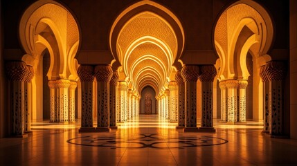 Ornate arches create a grand golden hall, perspective view.