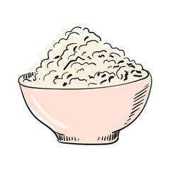 Country cottage cheese in a bowl. Farm organic product. Milk and dairy product. Engraving style. Hand drawn vector isolated illustration. For rustic natural product design.