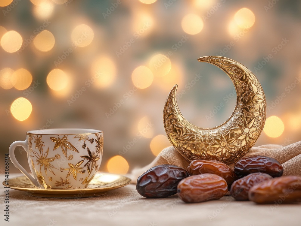 Poster dates, crescent moon, and patterned teacup on table with bokeh lights.