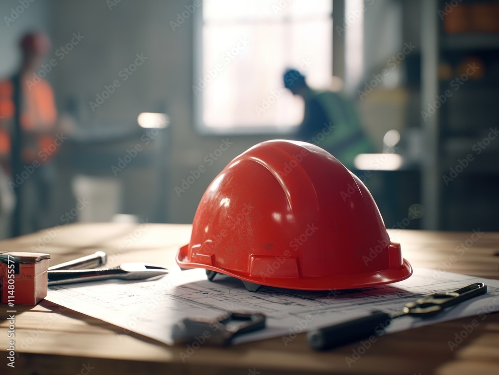 Poster construction helmet on blueprint table with workers in background.