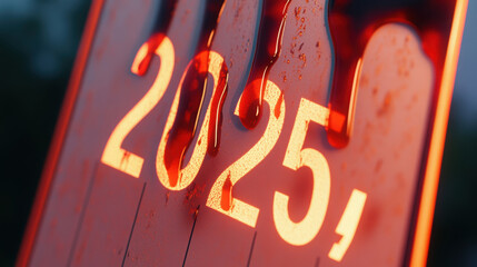 Melting calendar displaying year 2025, surreal and vivid