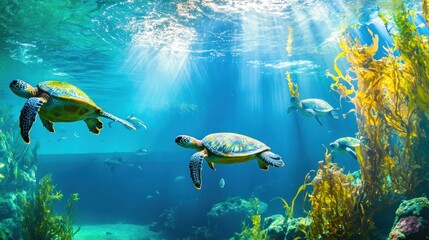 Fototapeta premium Underwater scene with sea turtles swimming amidst kelp forest in sunlit ocean.
