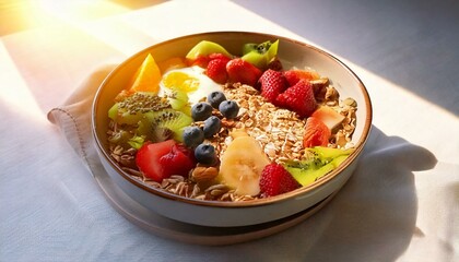 Healthy food in a bowl on a white background. Breakfast with morning sunlight. Healthy concept.