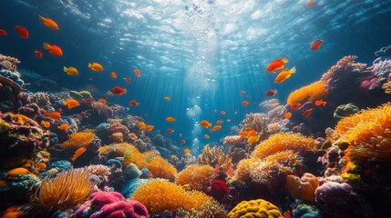 Obraz premium Vibrant coral reef, colorful fish, sunlit ocean.