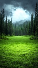 Fototapeta premium Serene Green Meadow Coniferous Forest Dramatic Sky