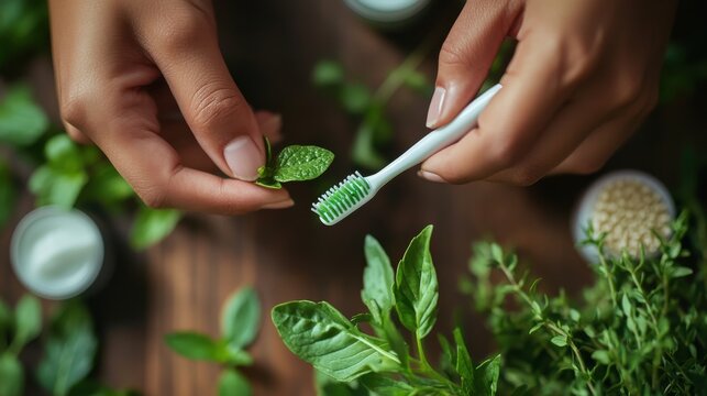 Herbal Toothbrush, Mint Leaves, Natural Oral Hygiene, Green