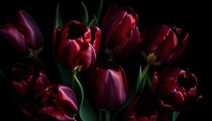 Obraz premium Stunning Dark Red Tulips Against a Black Background Capturing the Essence of Elegance and Natural Beauty in a Vibrant Floral Display