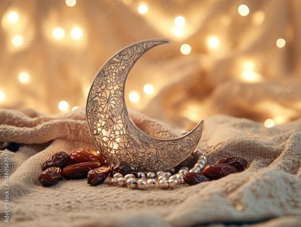Poster crescent moon, dates, and beads on fabric with soft bokeh lights.