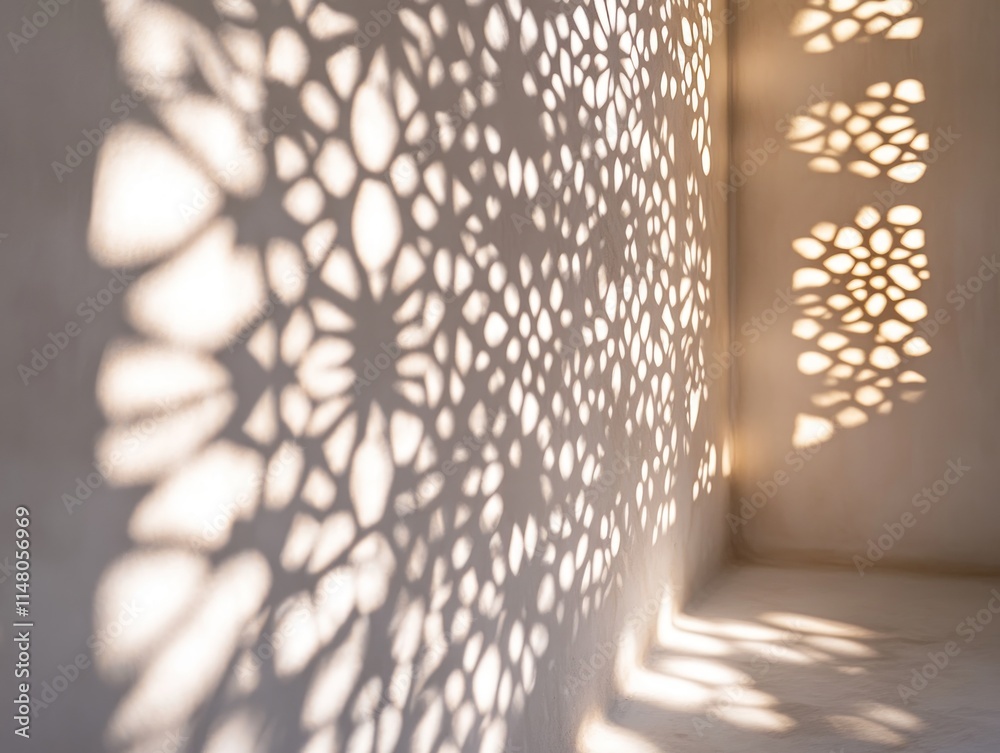 Poster ornate pattern shadow cast on wall in light.