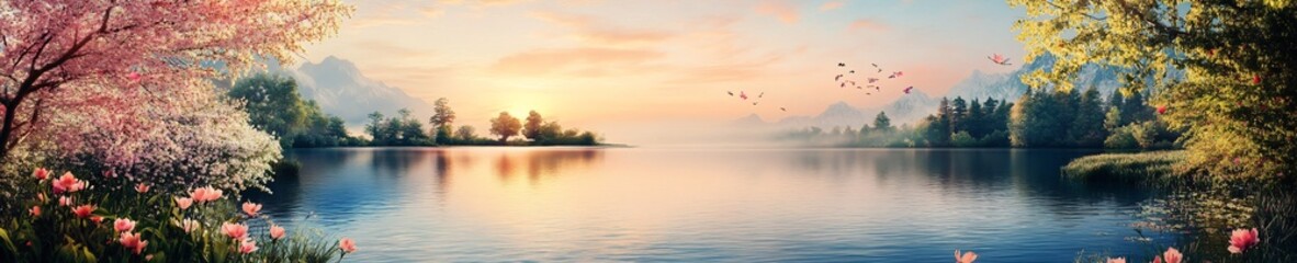 Fototapeta premium Serene Sunrise Over Calm Lake Surrounded by Lush Trees and Colorful Blossoms