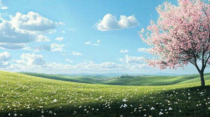 Fototapeta premium Serene Spring Landscape with Pink Cherry Blossom Tree Under a Bright Blue Sky