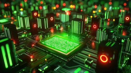 Obraz premium Neon Cityscape on a Circuit Board: A Futuristic Digital Metropolis