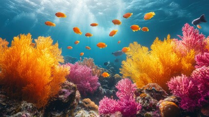 Naklejka premium Vibrant coral reef, colorful fish, underwater scene.